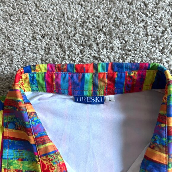 Hreski Mens Size Large Multicolor Stripe Short Sleeve Polo Shirt - Picture 3 of 7